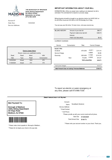 USA New Jersey The Borough of Madison business utility bill template in Word and PDF formats